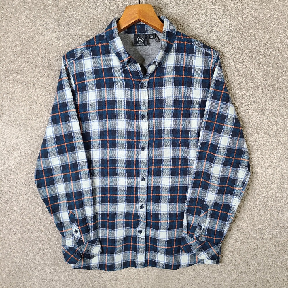 Burnside Shirt Men M Blue Orange Ecru Plaid Button Down Cotton Blend Long Sleeve